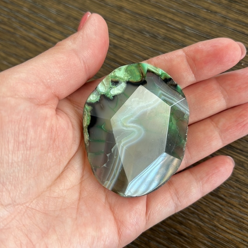 Natural Agathe green stone faceted,approx. 2”x2 1/4.Pocket stone,stress relief